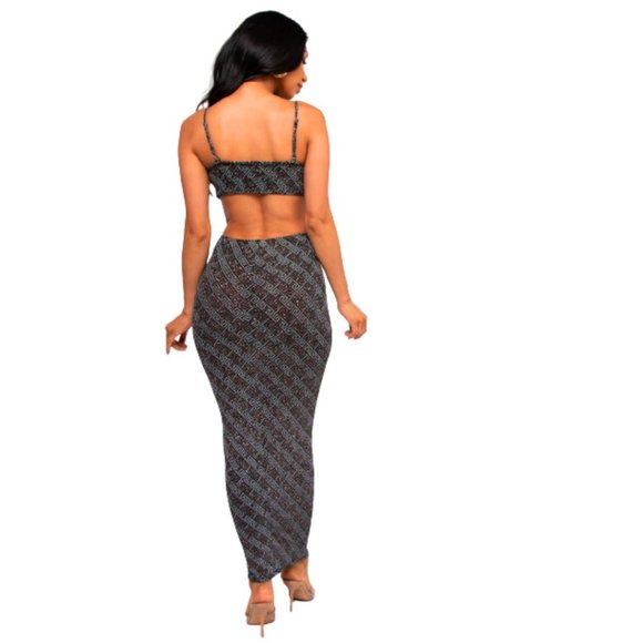 Elegant Maxi Dress Greek Key Pattern Glittering Spaghetti Cut Out - Picture 3 of 5